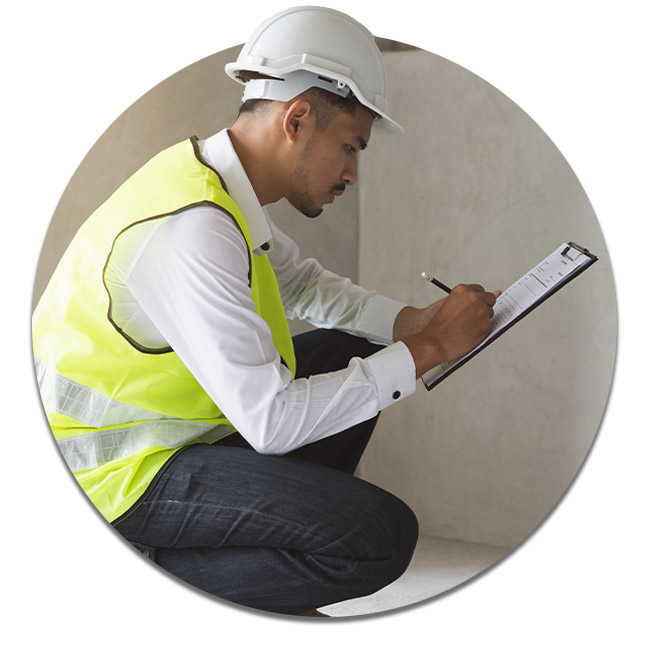 Builder inspection consultancy. Inspector checking material and structure in construction.
