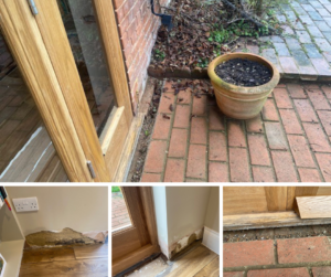 Compilation of images showing how ground outside cause damp to get into the house above the damp proof course. This is penetrating damp and causes salt contaminated plaster