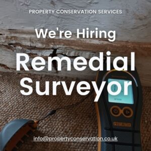 A picture of a damp skirting board and hygrometer, with the words 'We're Hiring' overlaid