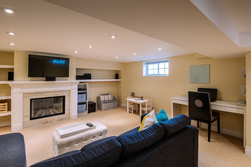 A beautifully converted basement showing a sofa, and a TV on the wall. There's also a desk and office chair in the space.
