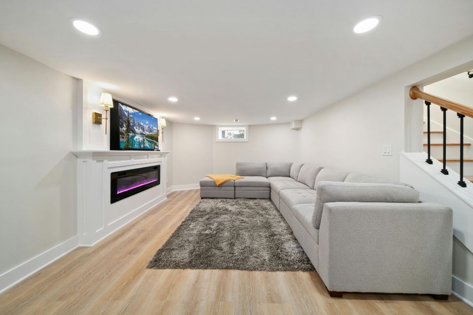 A new basement conversion with a large corner sofa and wall mounted television.