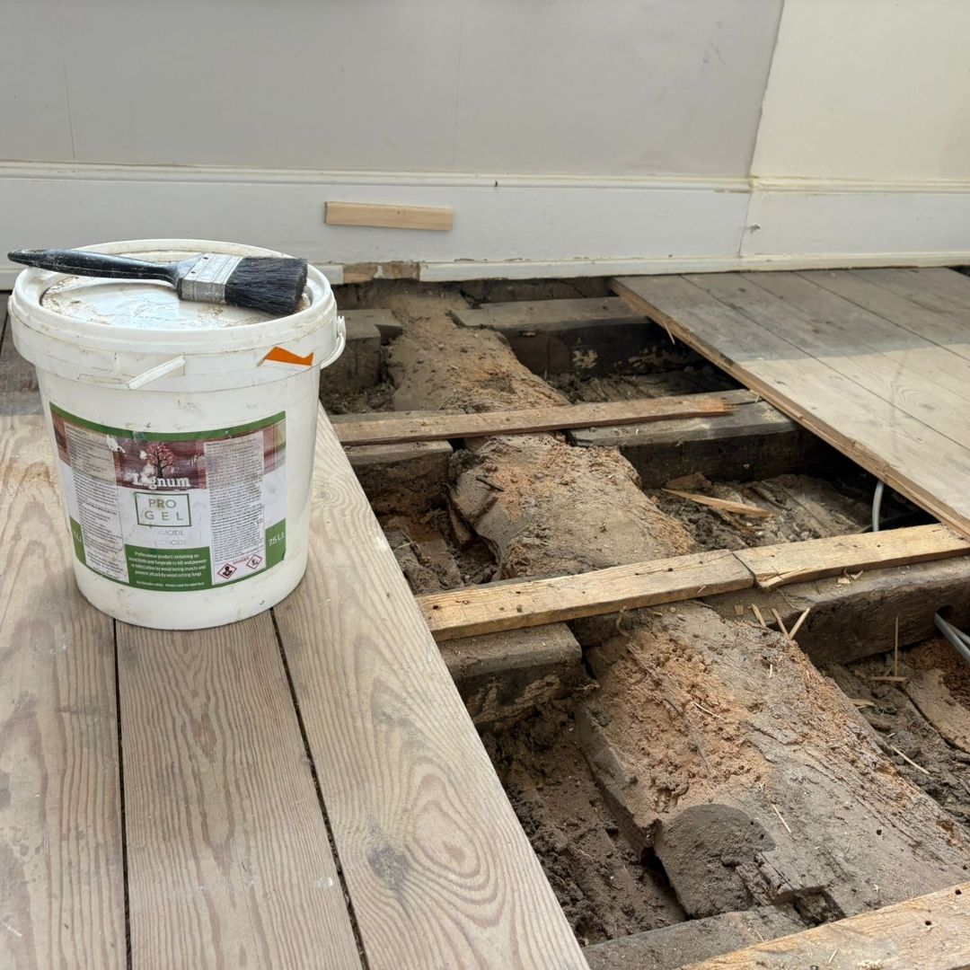 Floorboards removed to expose damaged floor joists, with a tub of Lignum dual treatment fungicide/insecticide gel