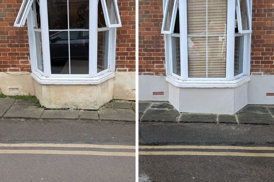 Before and after of a traditional lime plaster outside and beneath a bay window. The plaster has added waterproofing capabilities
