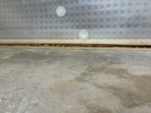 A close up of the join between the wall and floor where waterproof membrane is installed