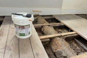 A tub of woodworm insecticide on bare floorboards, next to an area of removed floorboards exposing woodworm damaged jpist