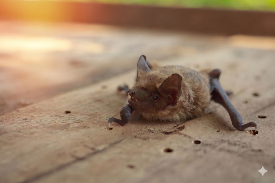 A Common Pipistrelle bat on a wooden beam that is showing signs of woodworm