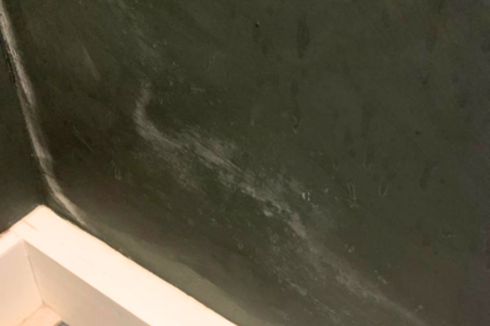 Salt tide marks on a dark green painted wall