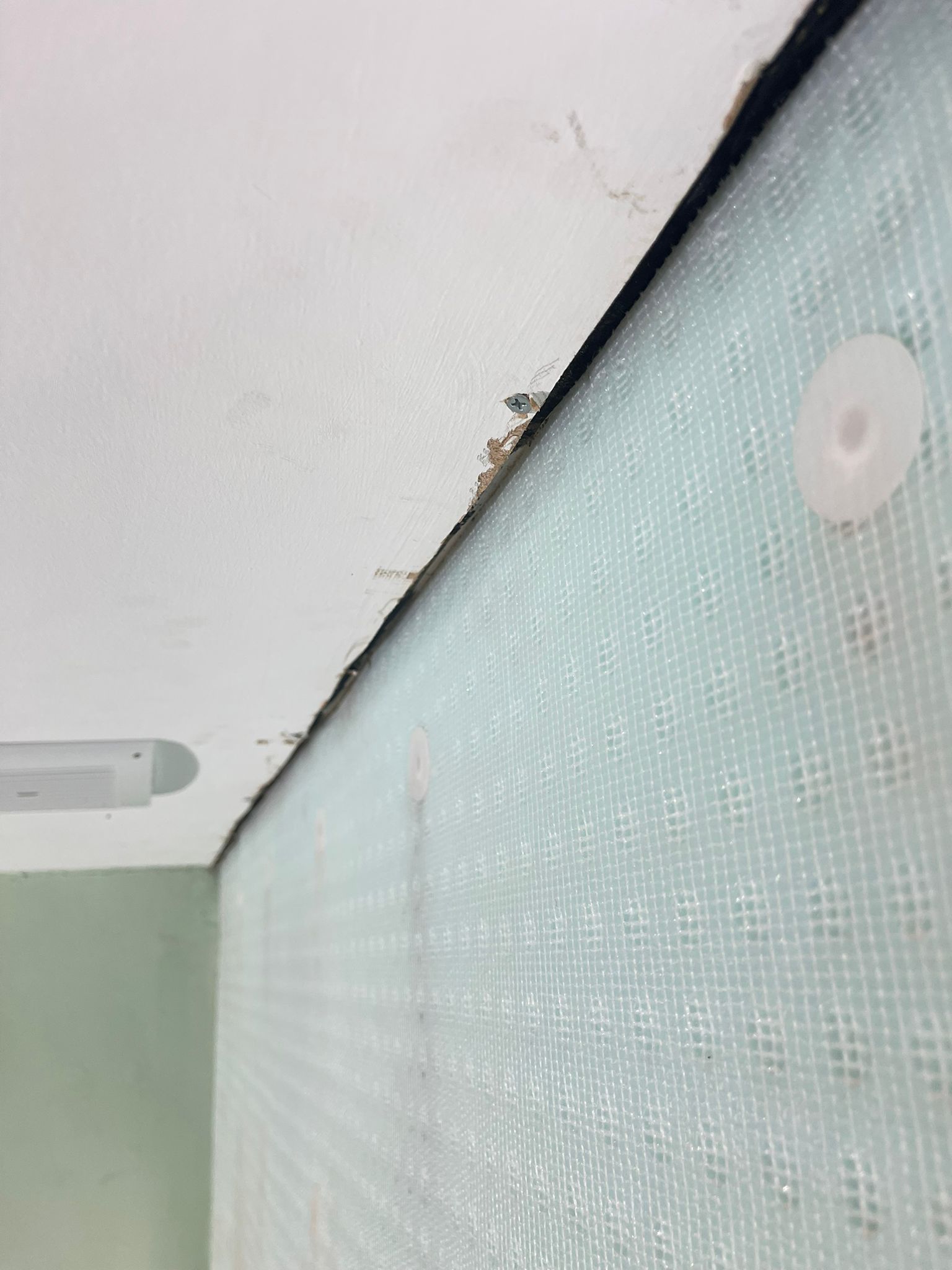 Mesh membrane affixed to the wall surface at ceiling level, showing the cut in the ceiling to allow venting of he membrane